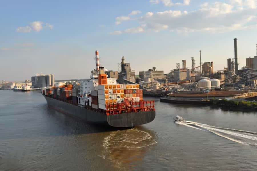 Savannah: Cruise Port Tour - Heading upstream beneath Savannah’s biggest bridge