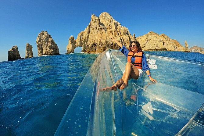 Tour to Arch in the only Clear Boat in Cabo Cruise Hotel PICKUP! - Guides, languages, and the photo service